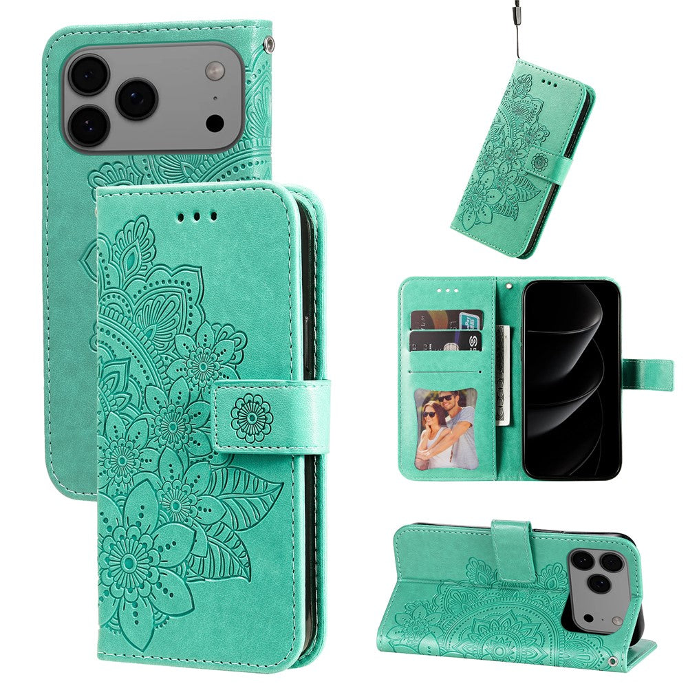 For iPhone 17 Pro Max Case Floral Pattern PU Leather Wallet Stand Phone Cover - Green