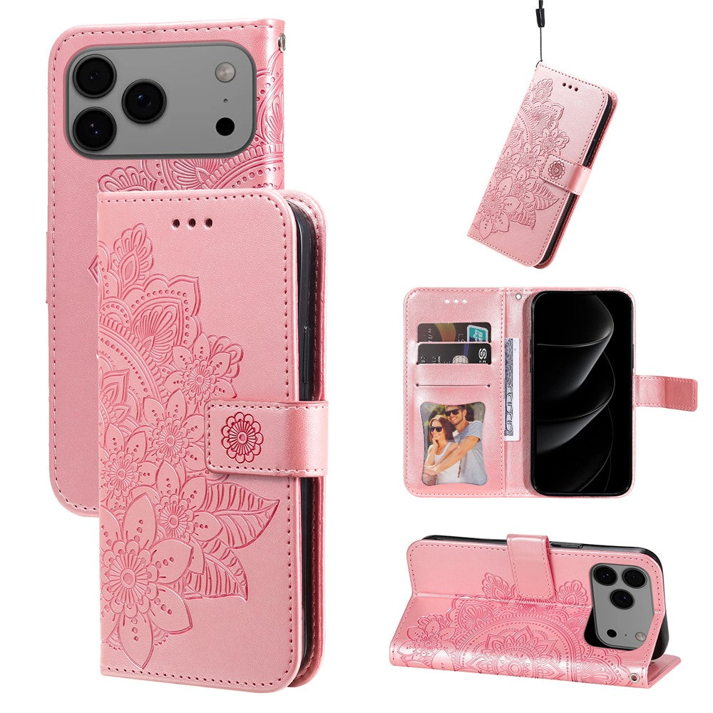 For iPhone 17 Pro Max Case Floral Pattern PU Leather Wallet Stand Phone Cover - Pink