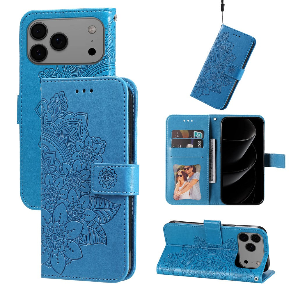 For iPhone 17 Pro Max Case Floral Pattern PU Leather Wallet Stand Phone Cover - Blue 