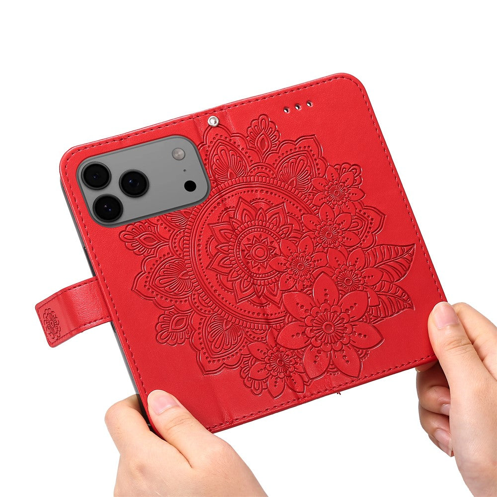 For iPhone 17 Pro Max Case Floral Pattern PU Leather Wallet Stand Phone Cover - Red