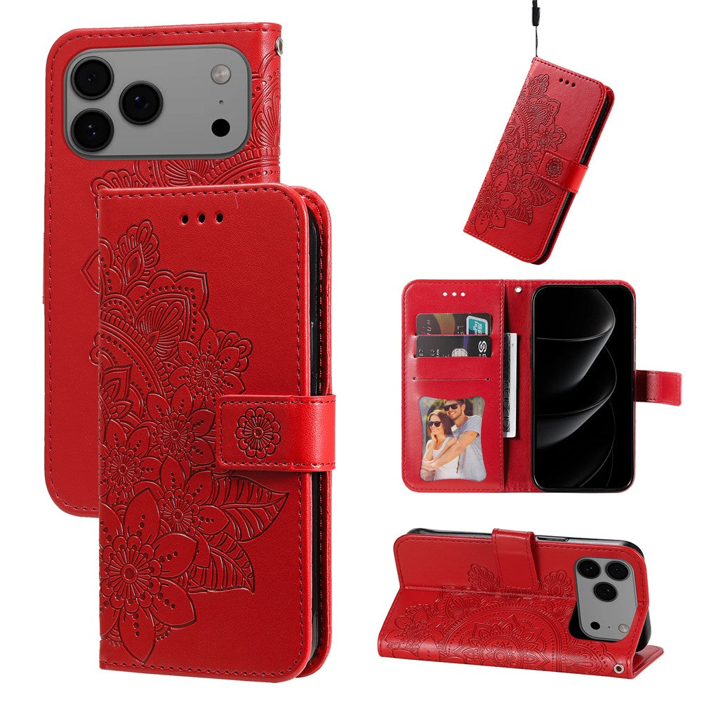 For iPhone 17 Pro Max Case Floral Pattern PU Leather Wallet Stand Phone Cover - Red