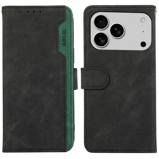 ABEEL For iPhone 17 Pro Max Case Color Splicing Leather Flip Phone Cover RFID Blocking - Black