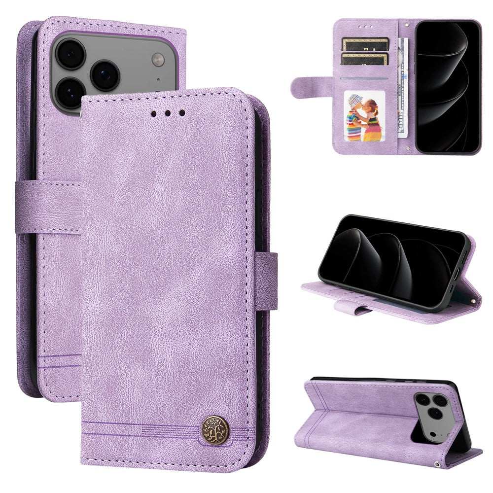 For iPhone 17 Pro Max Leather Wallet Cases Skin Touch Phone Cover Stand with Strap - Purple