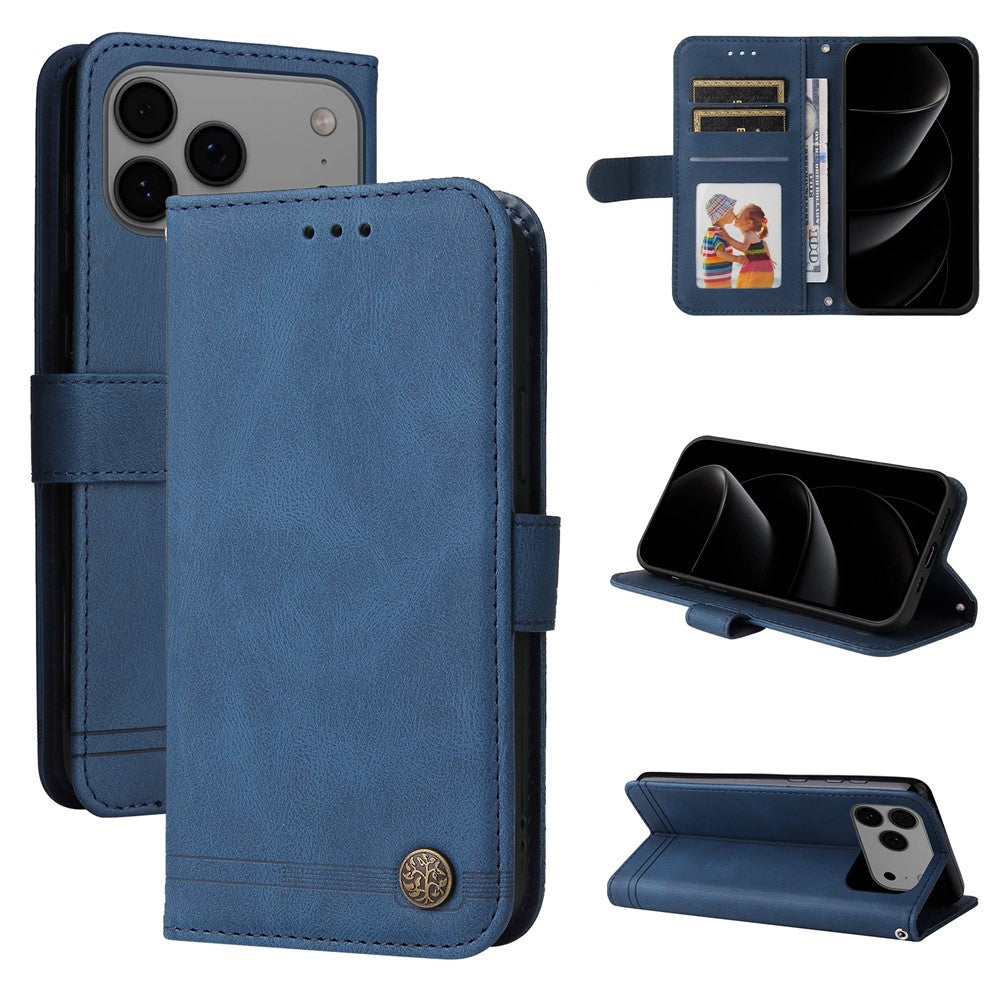 For iPhone 17 Pro Max Leather Wallet Cases Skin Touch Phone Cover Stand with Strap - Blue