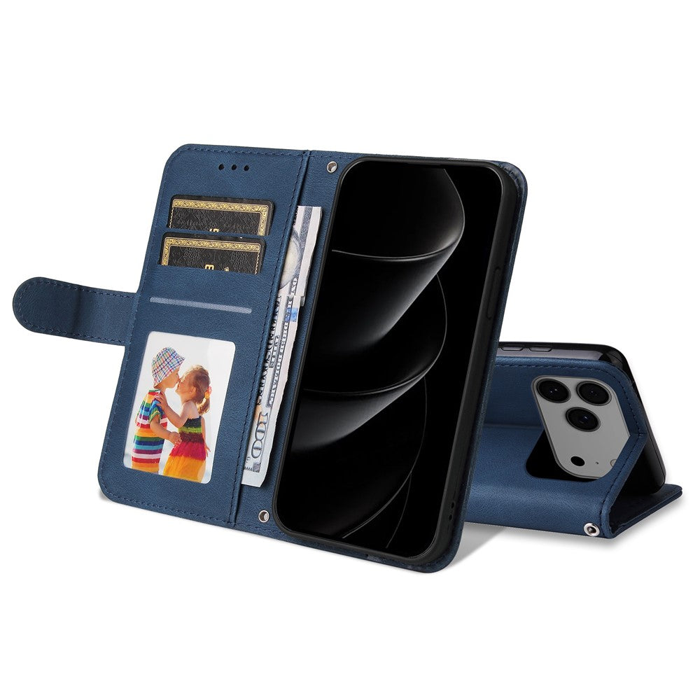 For iPhone 17 Pro Max Leather Wallet Cases Skin Touch Phone Cover Stand with Strap - Blue