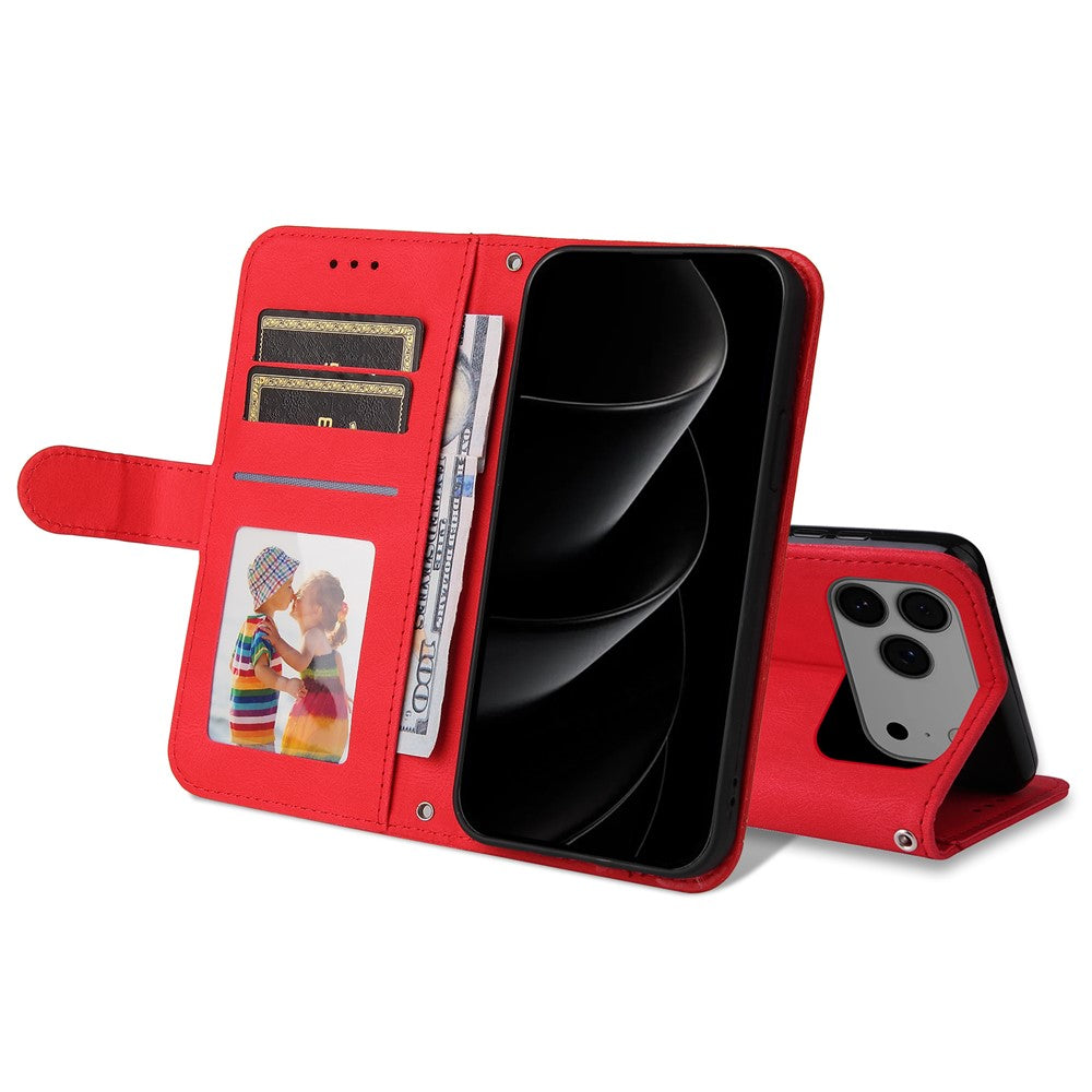 For iPhone 17 Pro Max Leather Wallet Cases Skin Touch Phone Cover Stand with Strap - Red