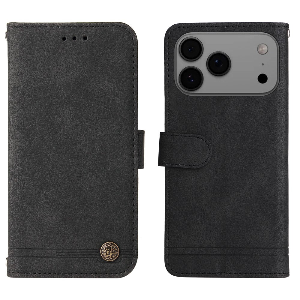For iPhone 17 Pro Max Leather Wallet Cases Skin Touch Phone Cover Stand with Strap - Black