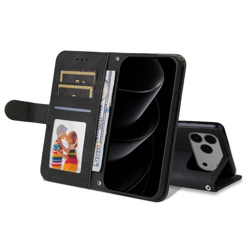 For iPhone 17 Pro Max Leather Wallet Cases Skin Touch Phone Cover Stand with Strap - Black