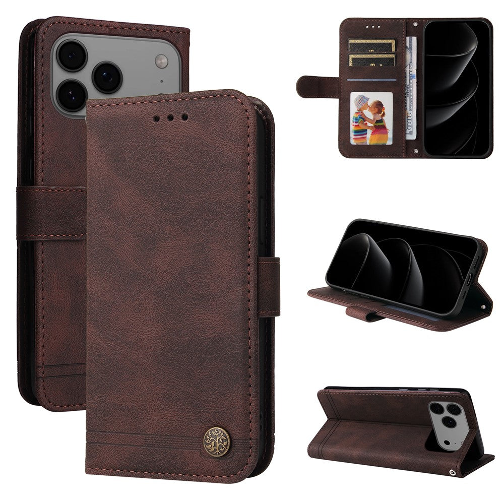 For iPhone 17 Pro Max Leather Wallet Cases Skin Touch Phone Cover Stand with Strap - Brown