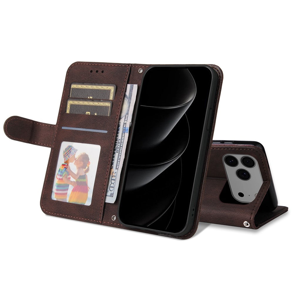 For iPhone 17 Pro Max Leather Wallet Cases Skin Touch Phone Cover Stand with Strap - Brown