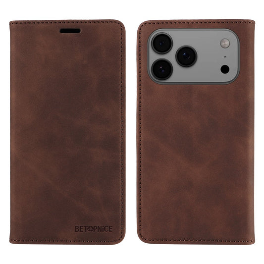 For iPhone 17 Pro Max Case BETOPNICE Magnetic Closure RFID Blocking Wallet Stand Leather Phone Cover - Brown