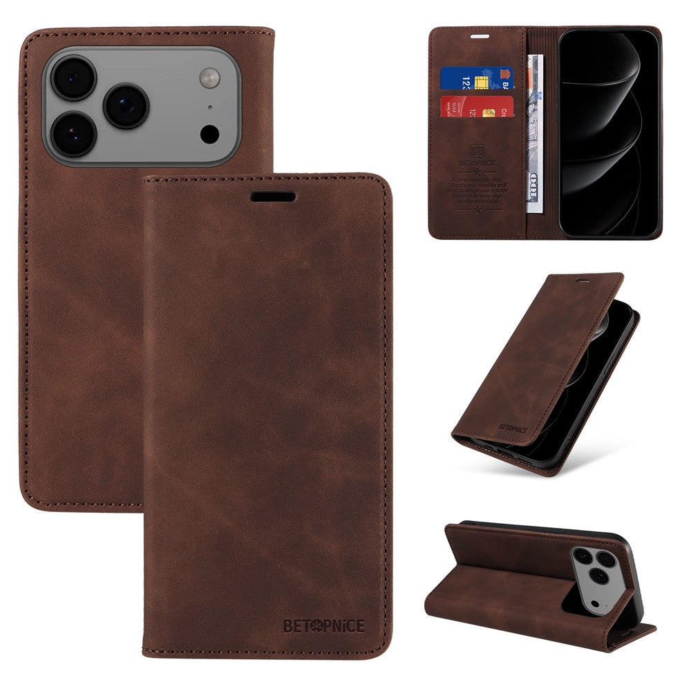 For iPhone 17 Pro Max Case BETOPNICE Magnetic Closure RFID Blocking Wallet Stand Leather Phone Cover - Brown
