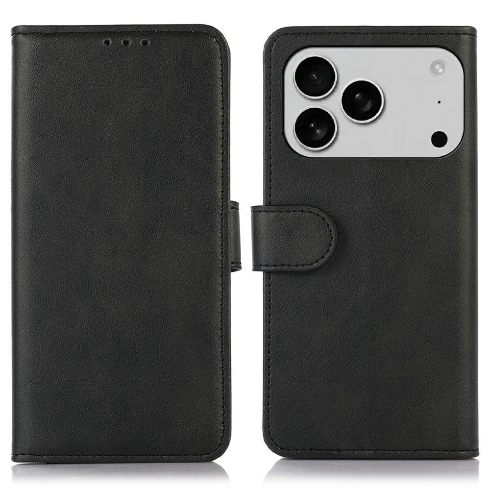 For iPhone 17 Pro Max Case Cowhide Texture Leather Wallet Phone Cover with Stand - Black