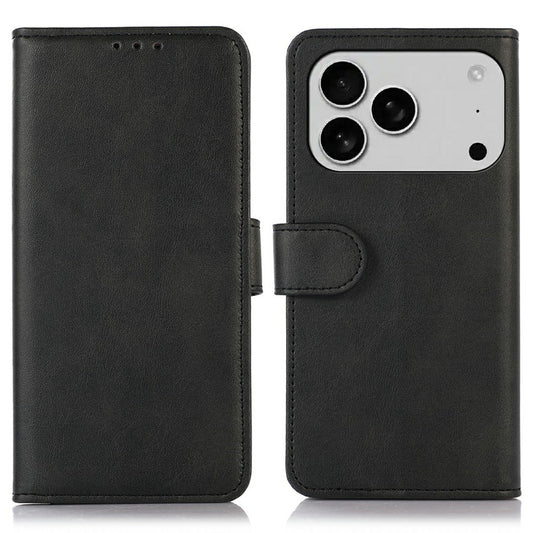 For iPhone 17 Pro Max Case Cowhide Texture Leather Wallet Phone Cover with Stand - Black