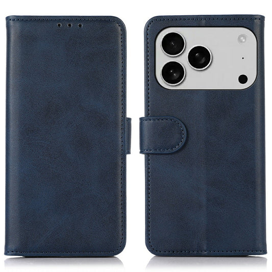 For iPhone 17 Pro Max Case Cowhide Texture Leather Wallet Phone Cover with Stand - Blue