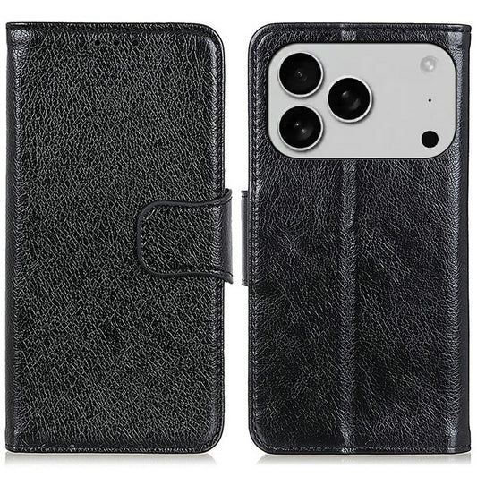 For iPhone 17 Pro Max Case Nappa Texture Split Leather Wallet Phone Cover - Black