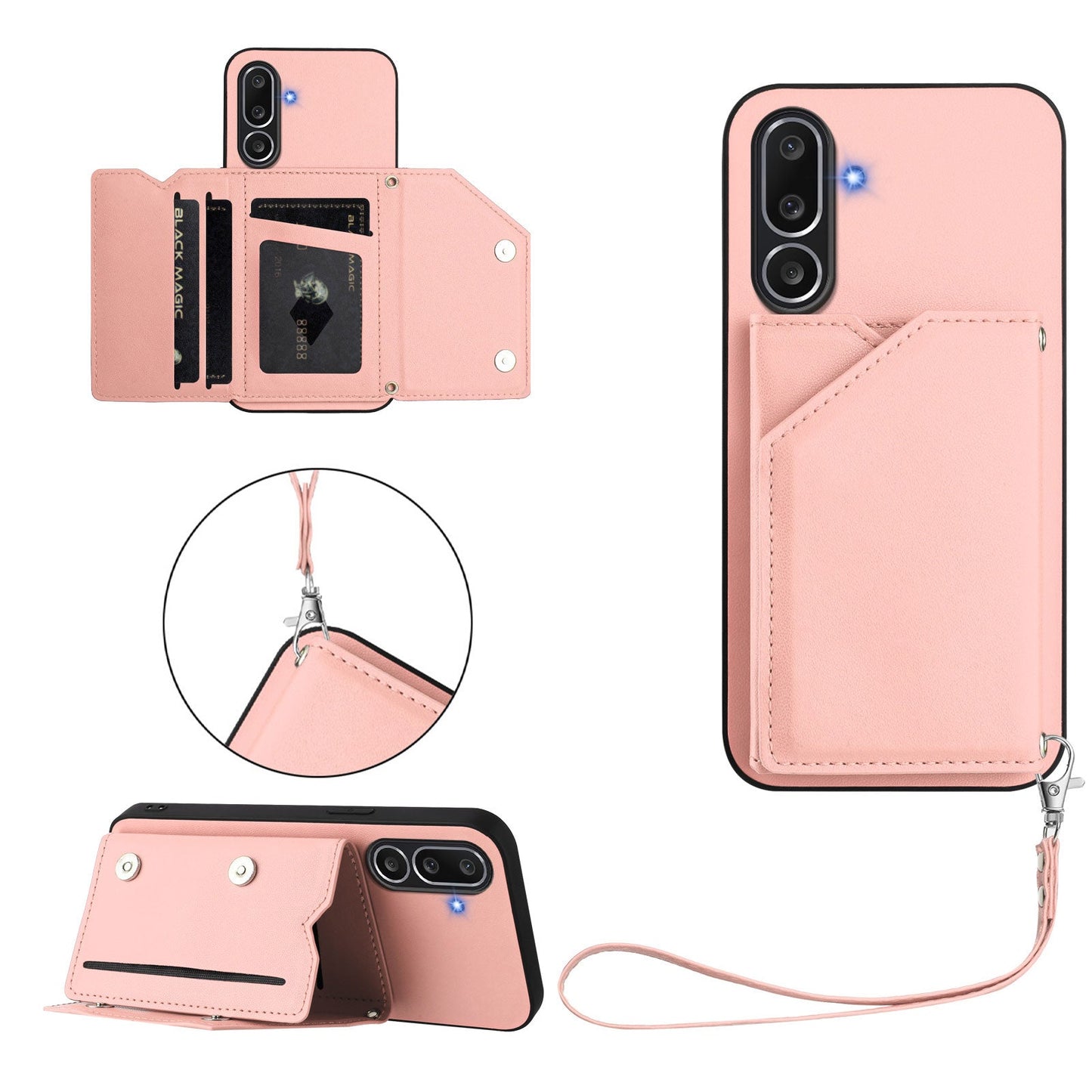 For Samsung Galaxy M56 5G Case Card Holder Kickstand Skin-Touch Phone Cover with Wrist Strap - Pink