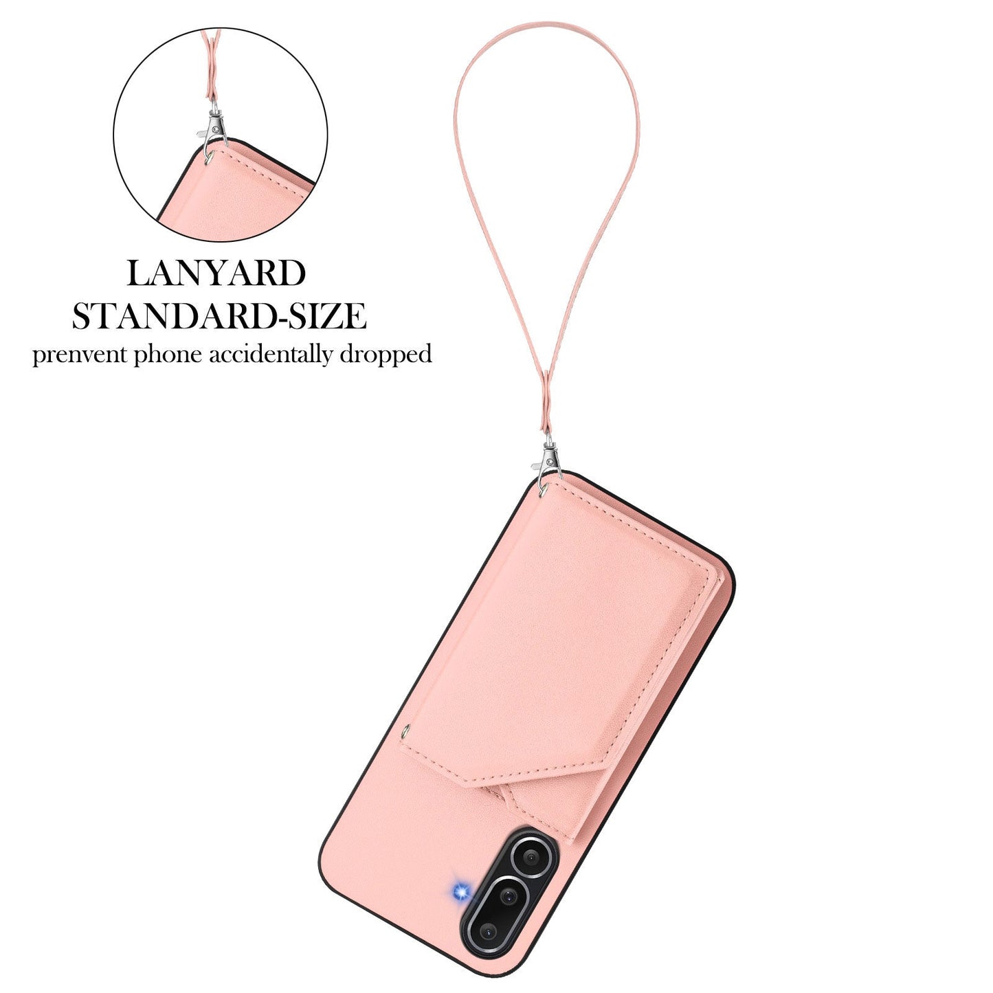 For Samsung Galaxy M56 5G Case Card Holder Kickstand Skin-Touch Phone Cover with Wrist Strap - Pink