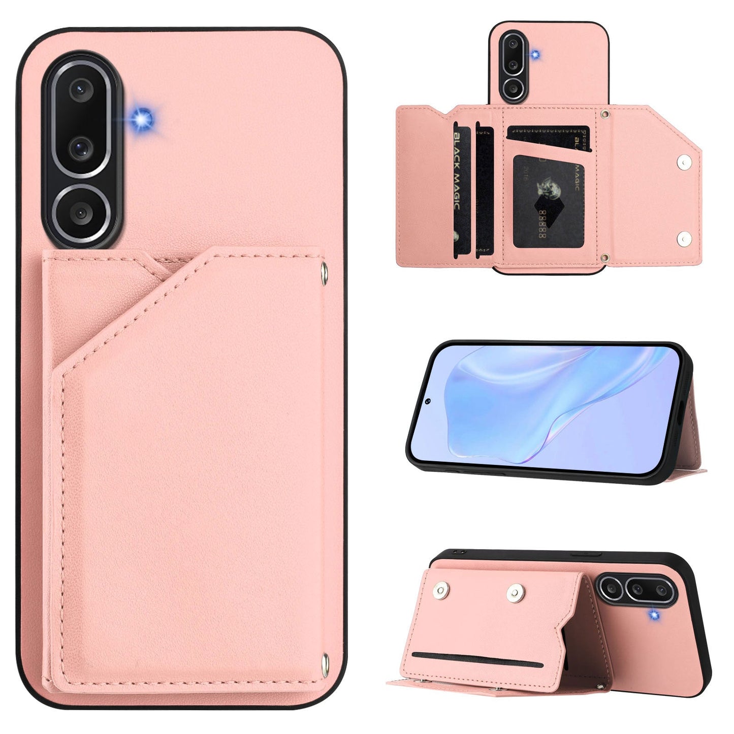 For Samsung Galaxy M56 5G Case Card Holder Kickstand Skin-Touch Phone Cover with Wrist Strap - Pink
