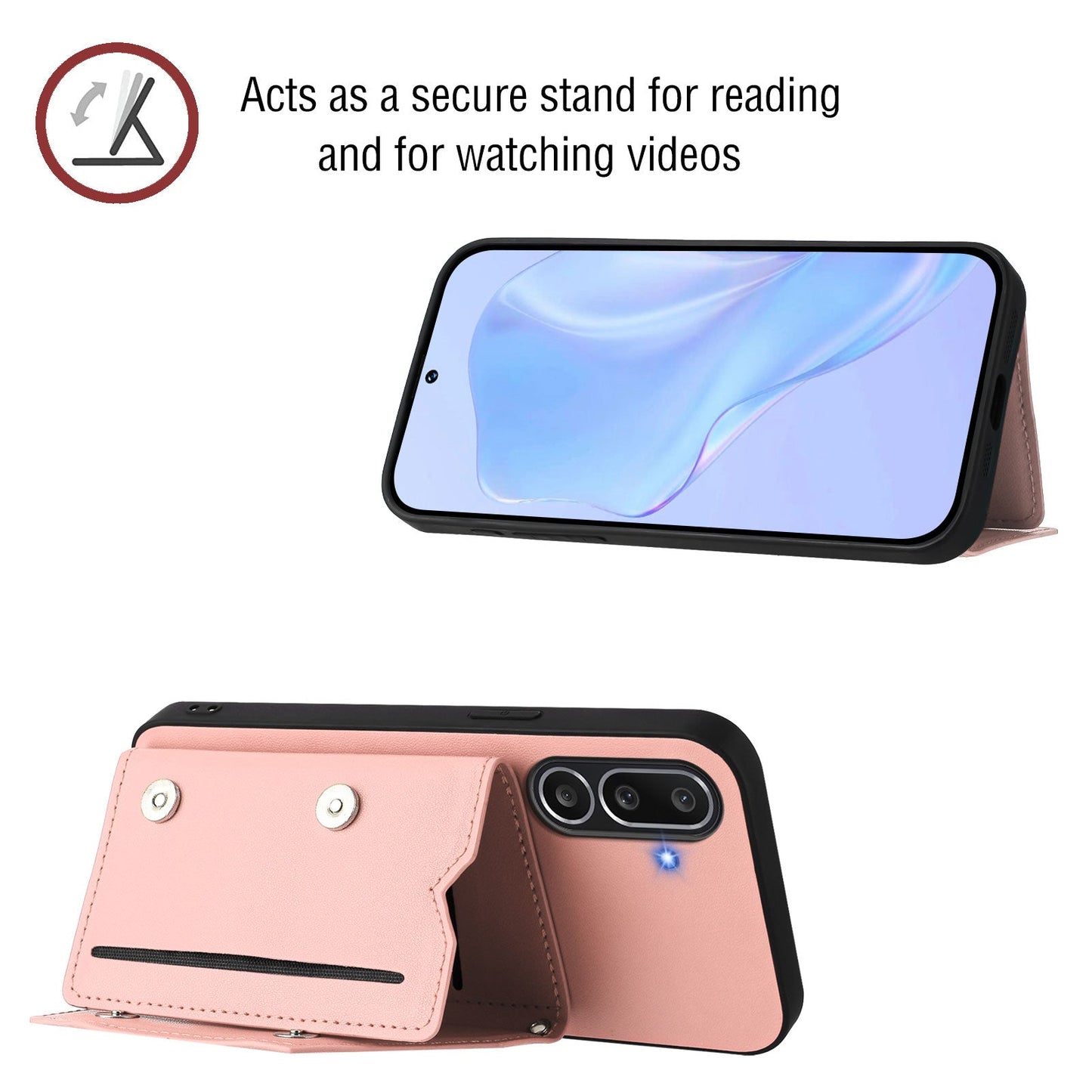 For Samsung Galaxy M56 5G Case Card Holder Kickstand Skin-Touch Phone Cover with Wrist Strap - Pink