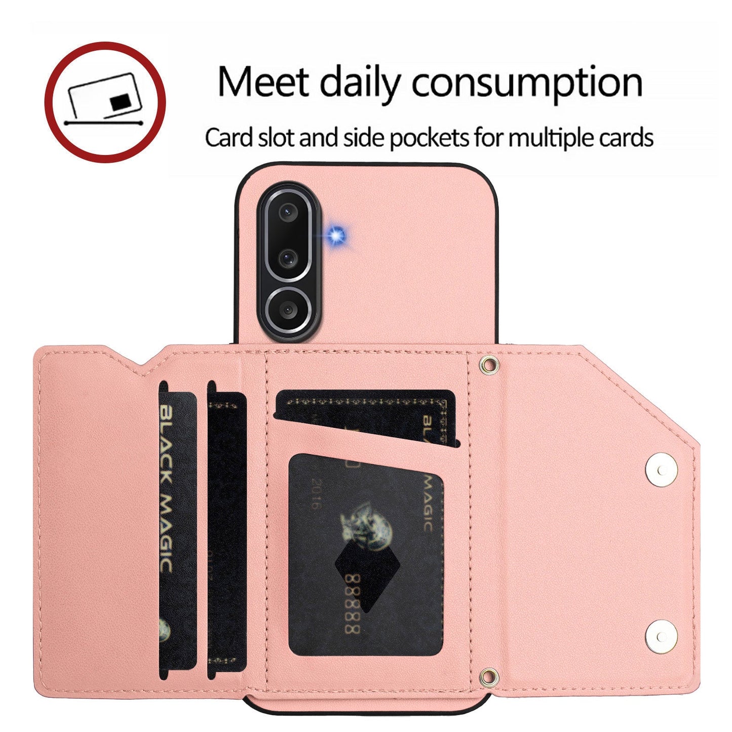 For Samsung Galaxy M56 5G Case Card Holder Kickstand Skin-Touch Phone Cover with Wrist Strap - Pink