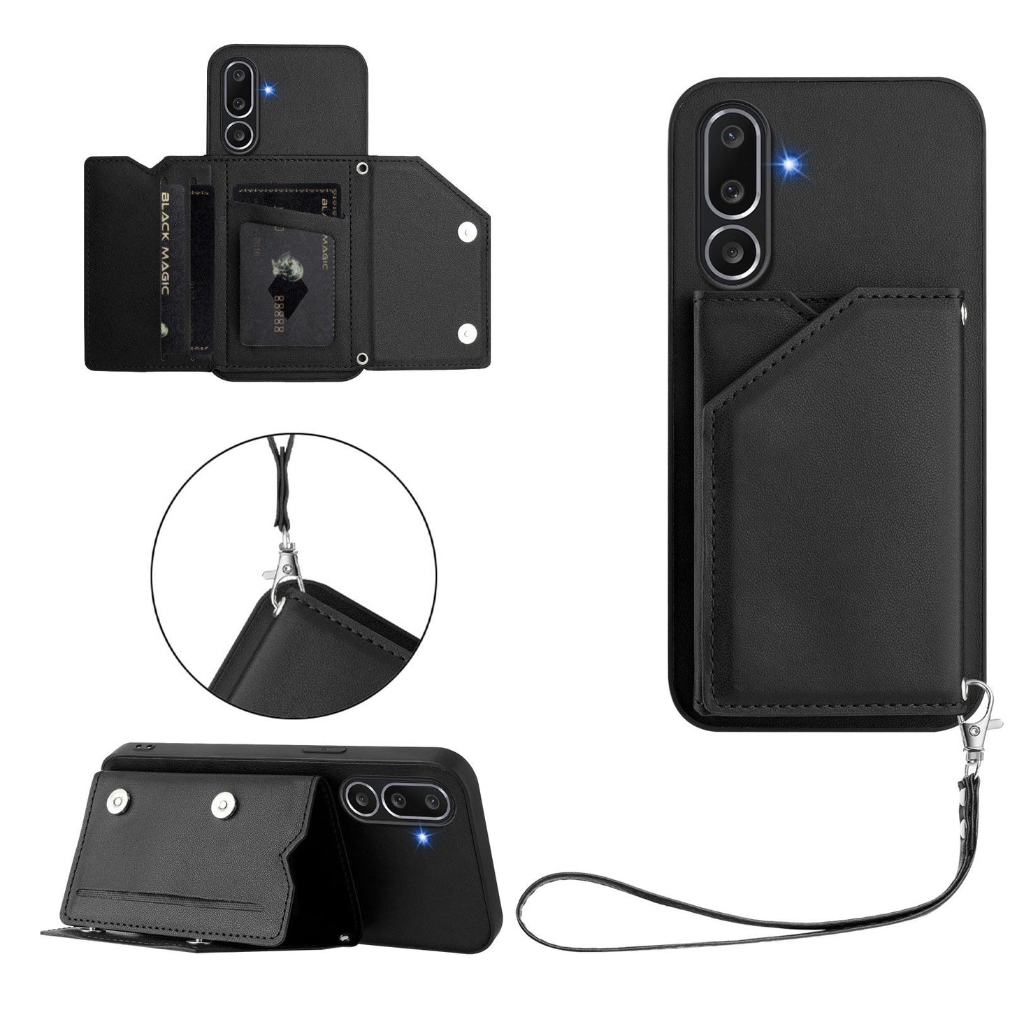 For Samsung Galaxy M56 5G Case Card Holder Kickstand Skin-Touch Phone Cover with Wrist Strap - Black