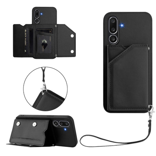 For Samsung Galaxy M56 5G Case Card Holder Kickstand Skin-Touch Phone Cover with Wrist Strap - Black