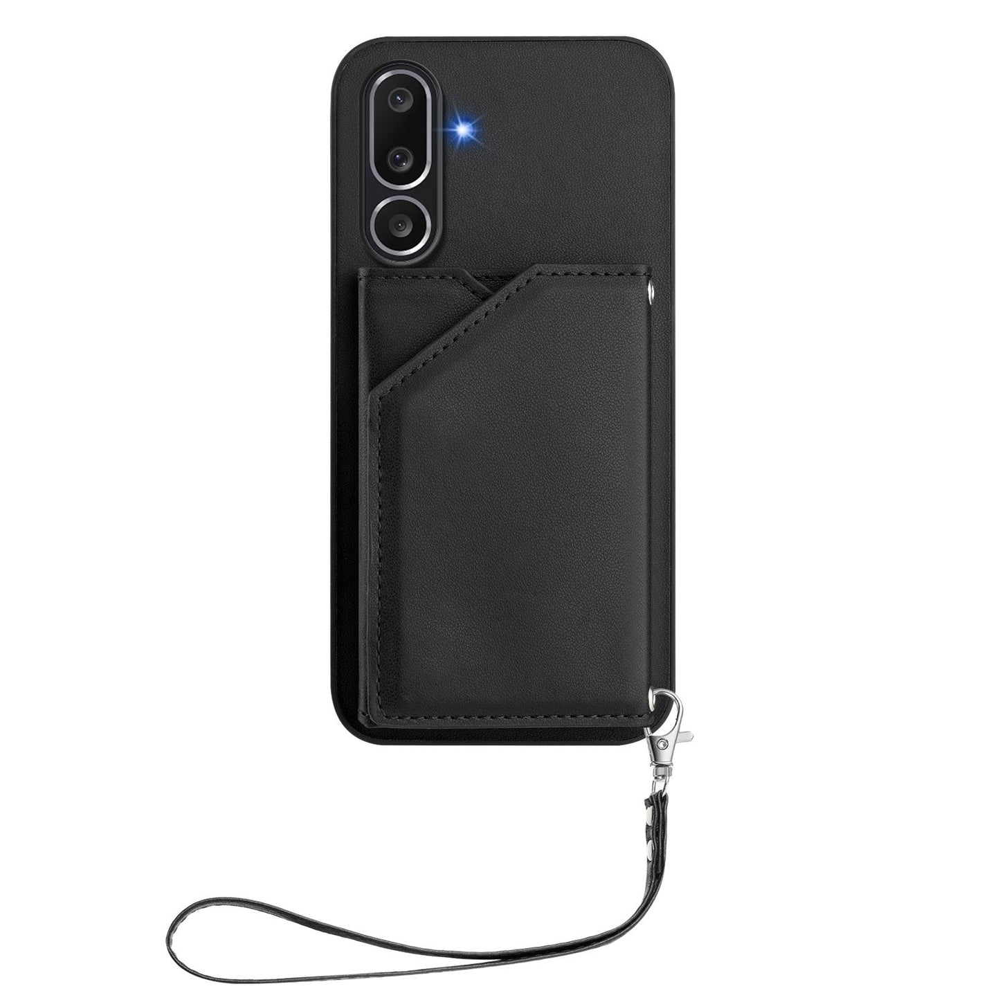For Samsung Galaxy M56 5G Case Card Holder Kickstand Skin-Touch Phone Cover with Wrist Strap - Black