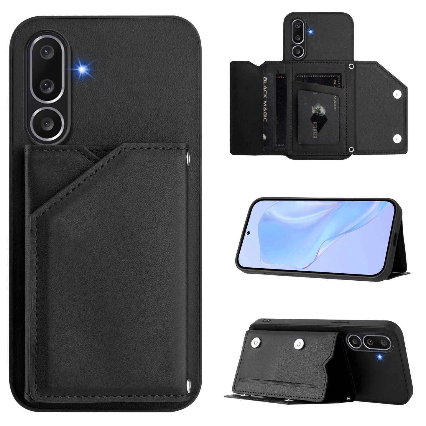 For Samsung Galaxy M56 5G Case Card Holder Kickstand Skin-Touch Phone Cover with Wrist Strap - Black