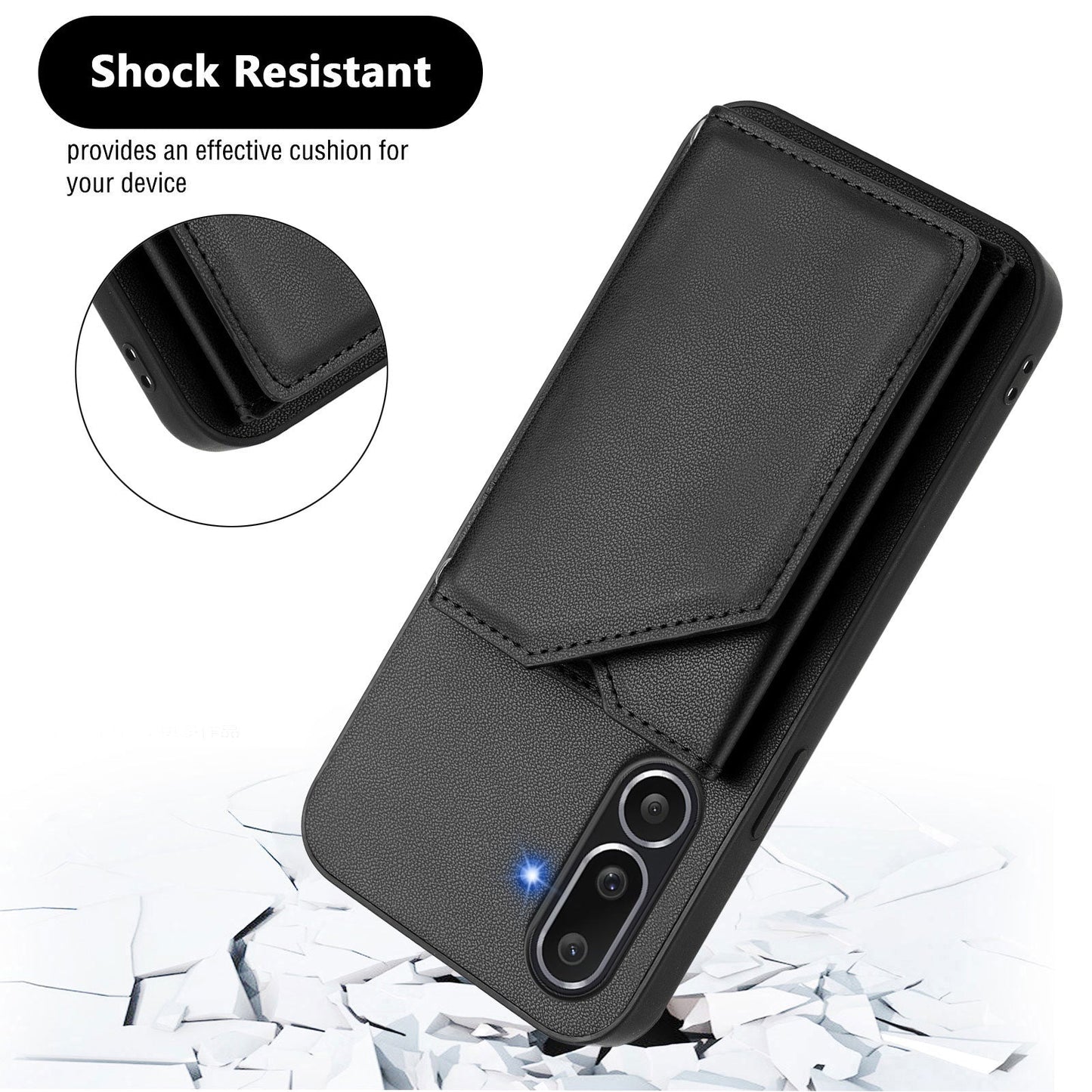 For Samsung Galaxy M56 5G Case Card Holder Kickstand Skin-Touch Phone Cover with Wrist Strap - Black