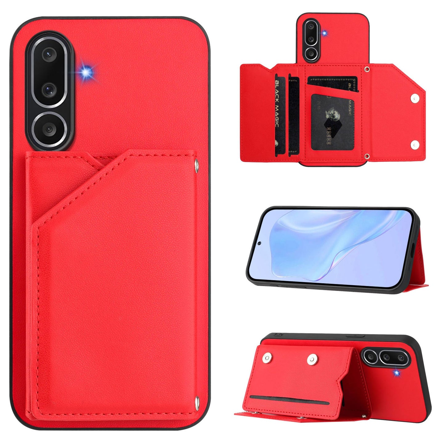 For Samsung Galaxy M56 5G Case Card Holder Kickstand Skin-Touch Phone Cover with Wrist Strap - Red