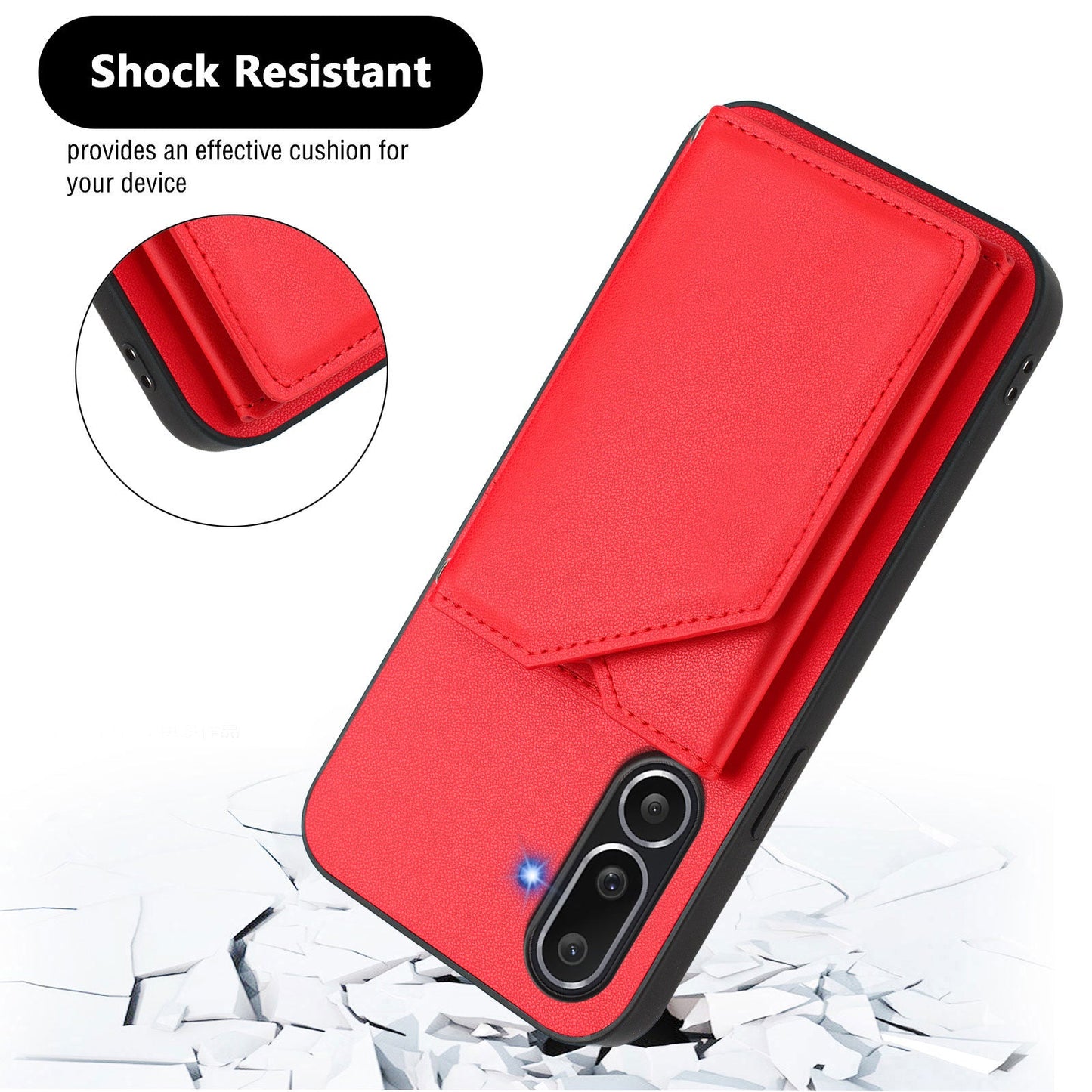 For Samsung Galaxy M56 5G Case Card Holder Kickstand Skin-Touch Phone Cover with Wrist Strap - Red