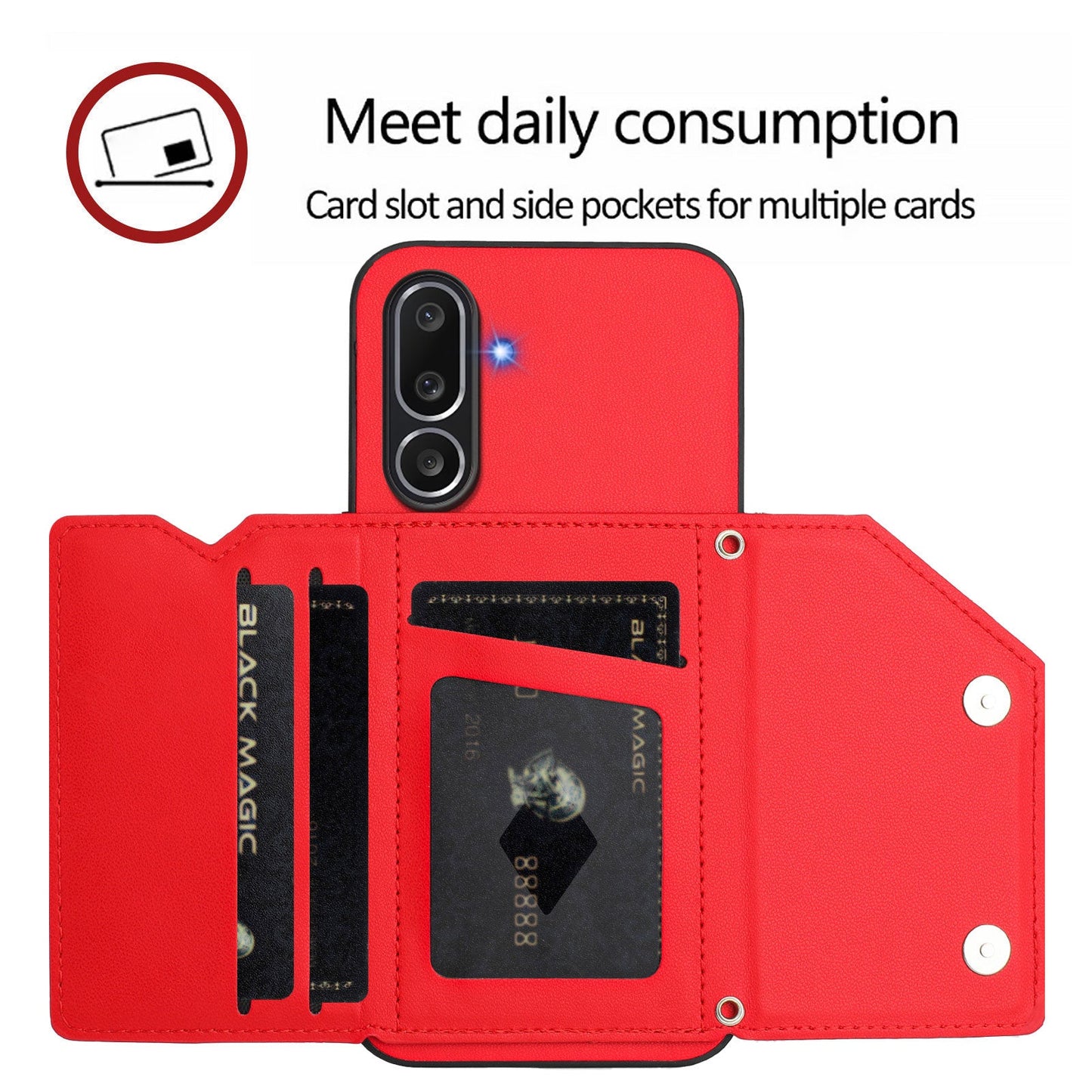 For Samsung Galaxy M56 5G Case Card Holder Kickstand Skin-Touch Phone Cover with Wrist Strap - Red