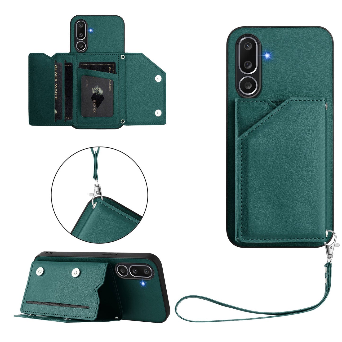 For Samsung Galaxy M56 5G Case Card Holder Kickstand Skin-Touch Phone Cover with Wrist Strap - Green