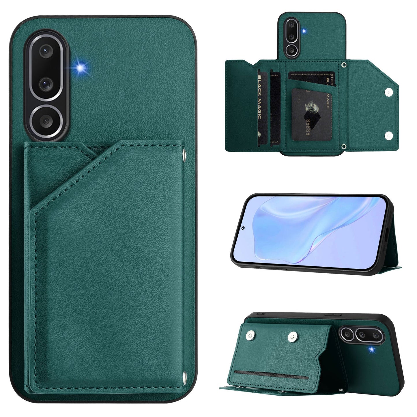 For Samsung Galaxy M56 5G Case Card Holder Kickstand Skin-Touch Phone Cover with Wrist Strap - Green
