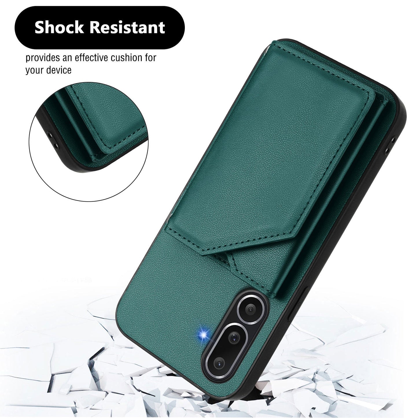 For Samsung Galaxy M56 5G Case Card Holder Kickstand Skin-Touch Phone Cover with Wrist Strap - Green