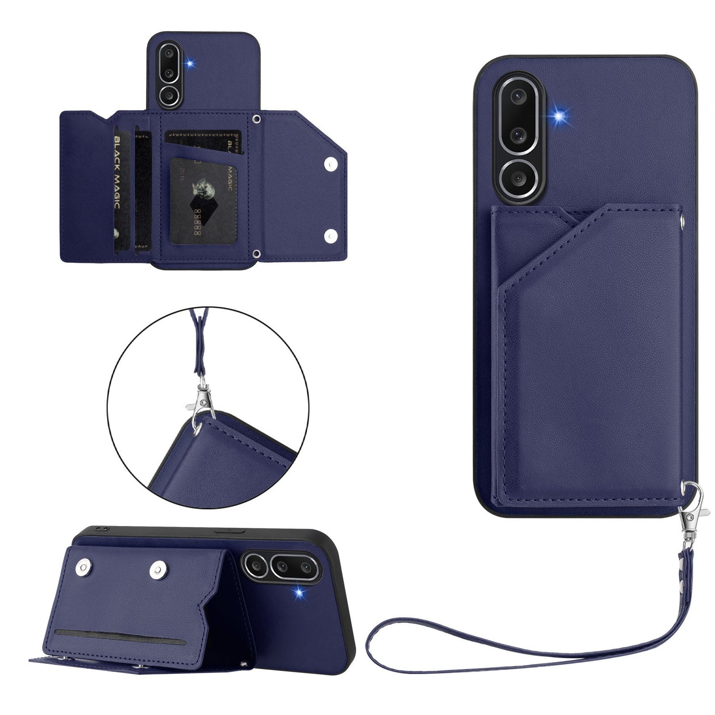 For Samsung Galaxy M56 5G Case Card Holder Kickstand Skin-Touch Phone Cover with Wrist Strap - Blue