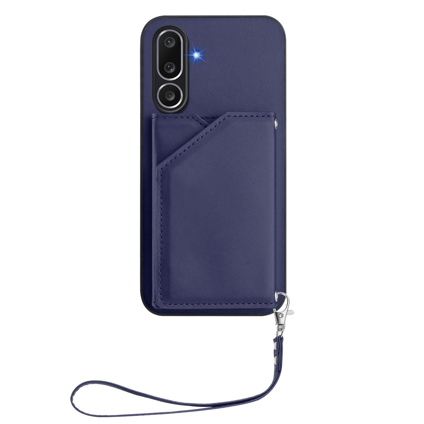 For Samsung Galaxy M56 5G Case Card Holder Kickstand Skin-Touch Phone Cover with Wrist Strap - Blue