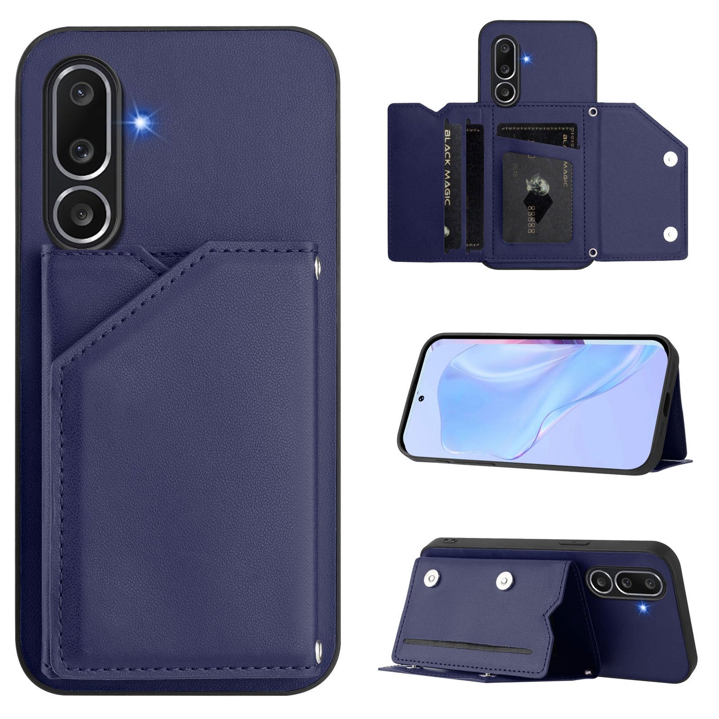 For Samsung Galaxy M56 5G Case Card Holder Kickstand Skin-Touch Phone Cover with Wrist Strap - Blue