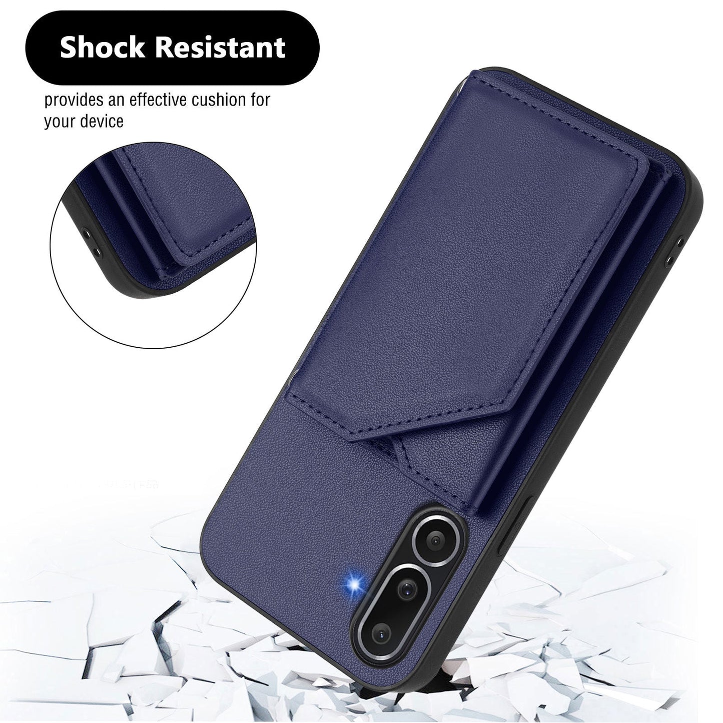 For Samsung Galaxy M56 5G Case Card Holder Kickstand Skin-Touch Phone Cover with Wrist Strap - Blue