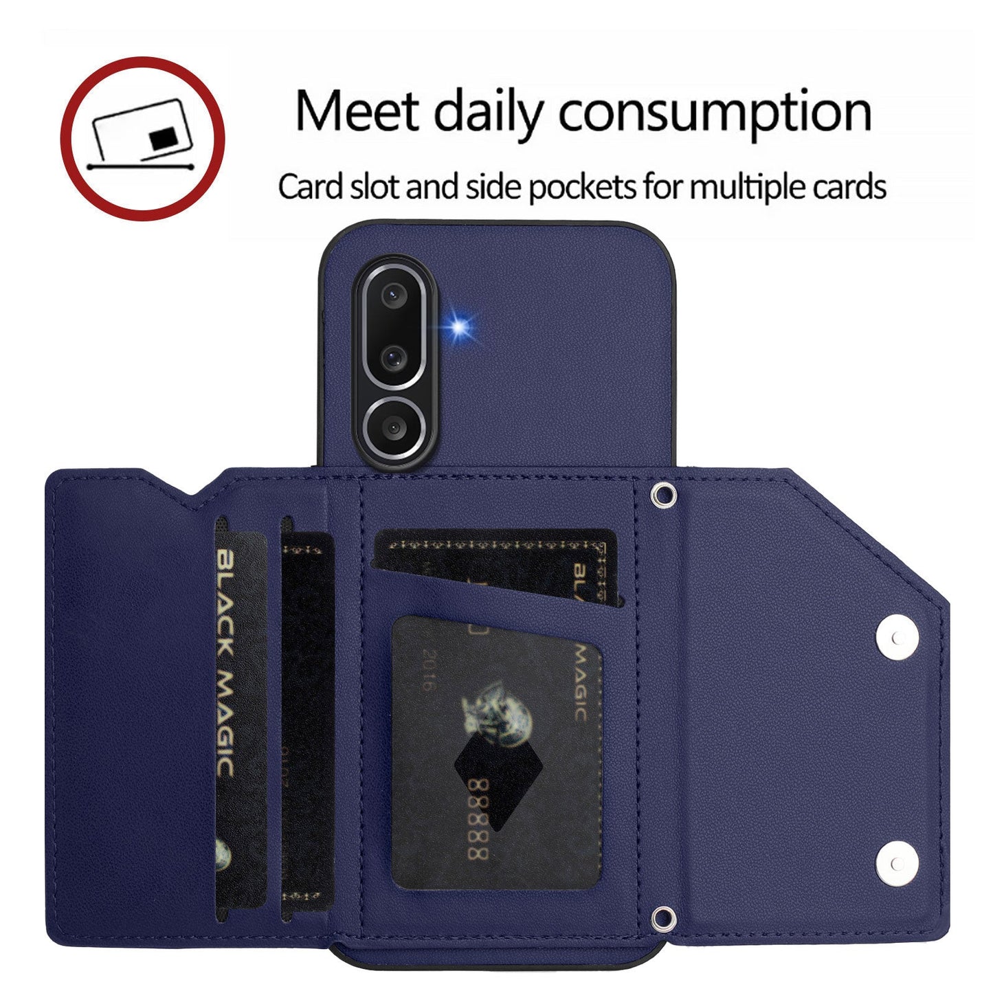 For Samsung Galaxy M56 5G Case Card Holder Kickstand Skin-Touch Phone Cover with Wrist Strap - Blue