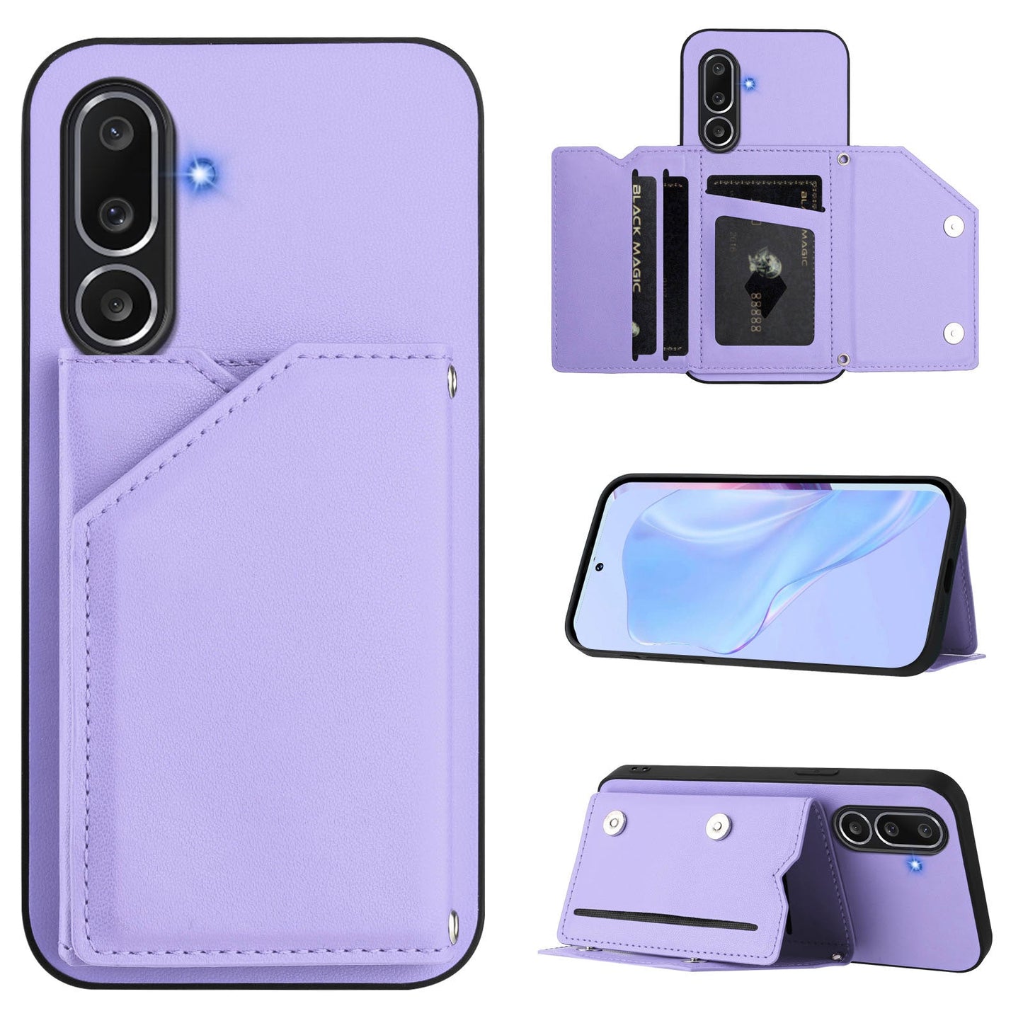 For Samsung Galaxy M56 5G Case Card Holder Kickstand Skin-Touch Phone Cover with Wrist Strap - Light Purple