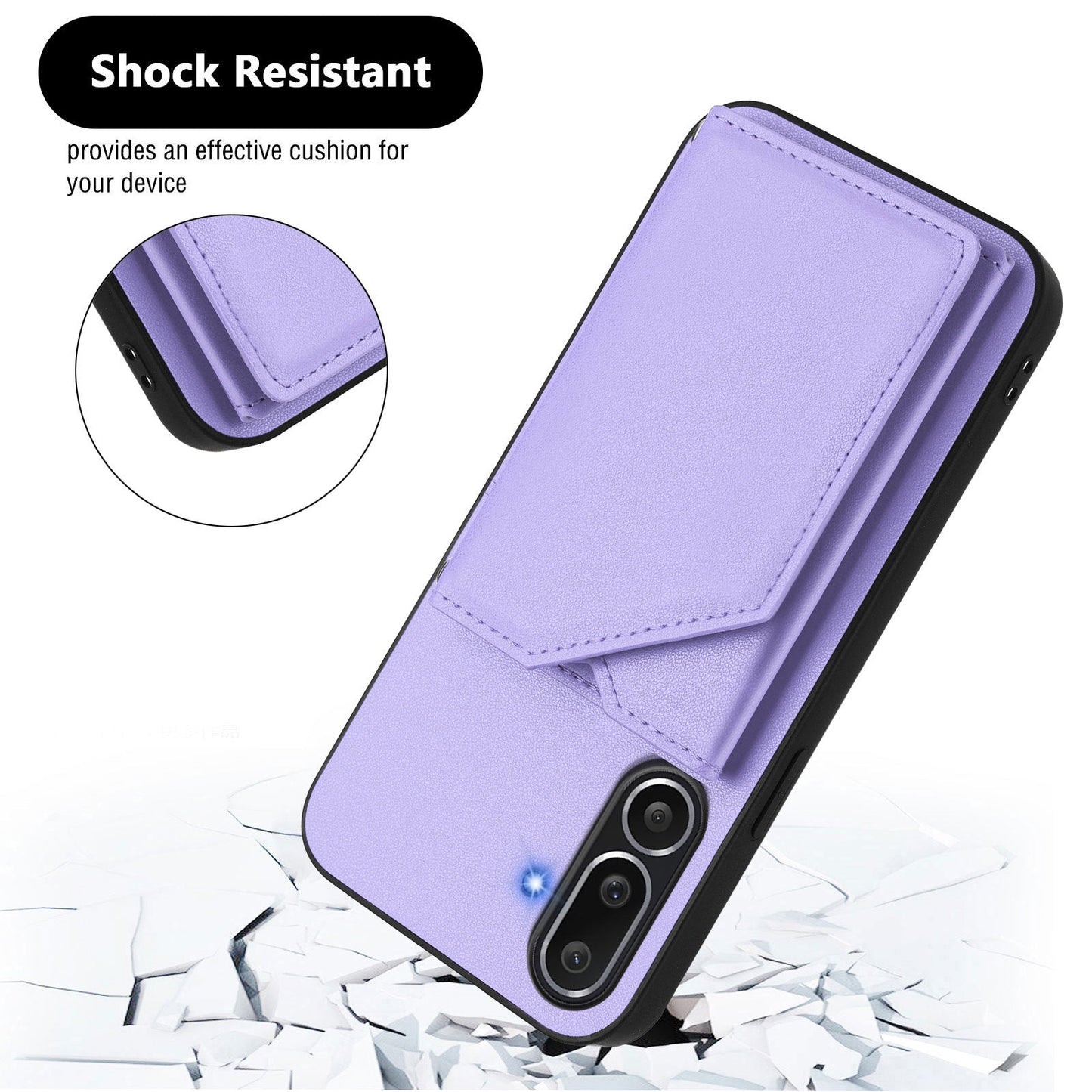 For Samsung Galaxy M56 5G Case Card Holder Kickstand Skin-Touch Phone Cover with Wrist Strap - Light Purple