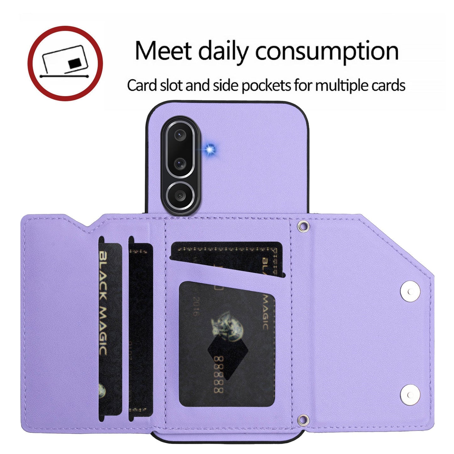 For Samsung Galaxy M56 5G Case Card Holder Kickstand Skin-Touch Phone Cover with Wrist Strap - Light Purple