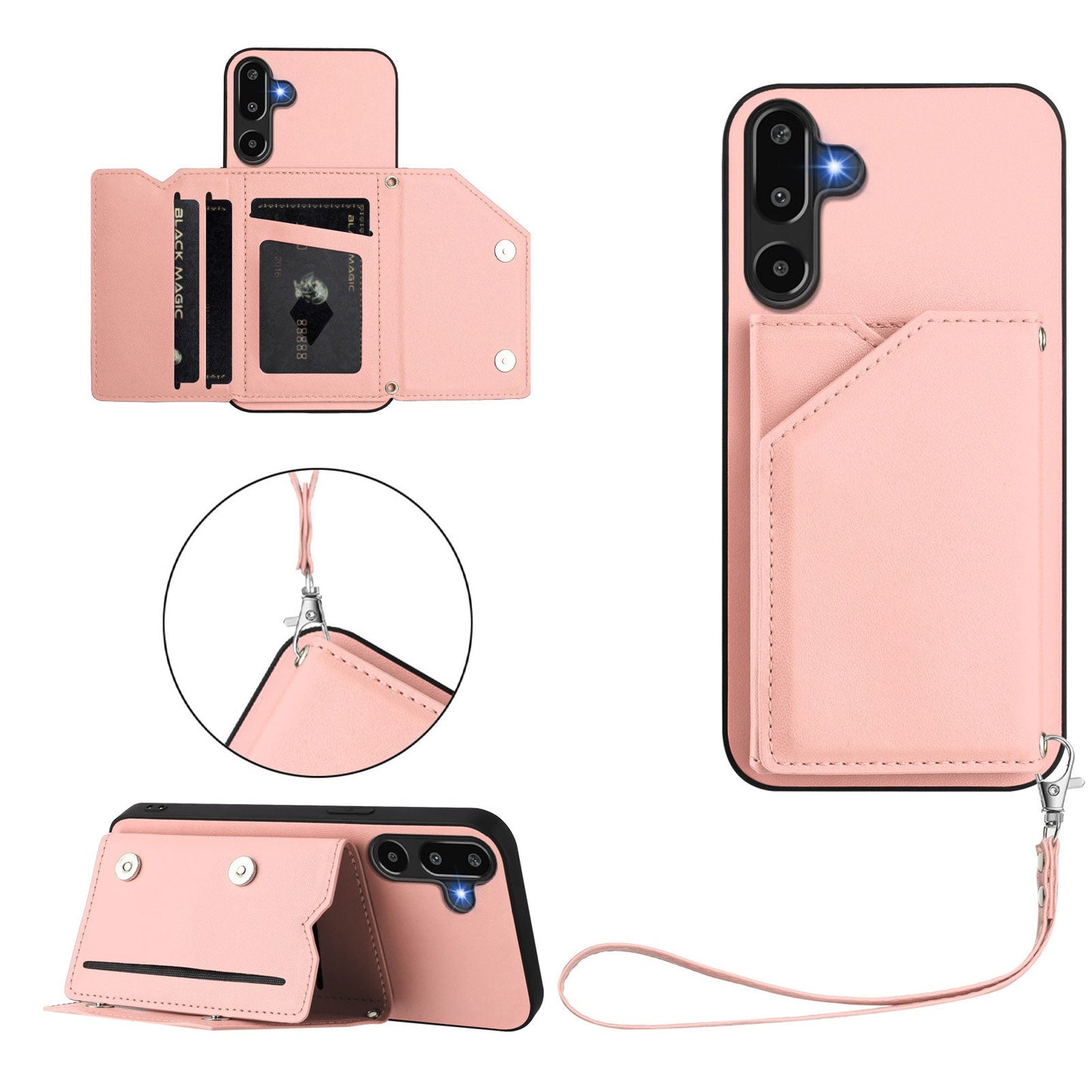 For Samsung Galaxy F16 5G / Galaxy M16 5G Case Card Holder Kickstand Skin-Touch Phone Cover with Wrist Strap - Pink