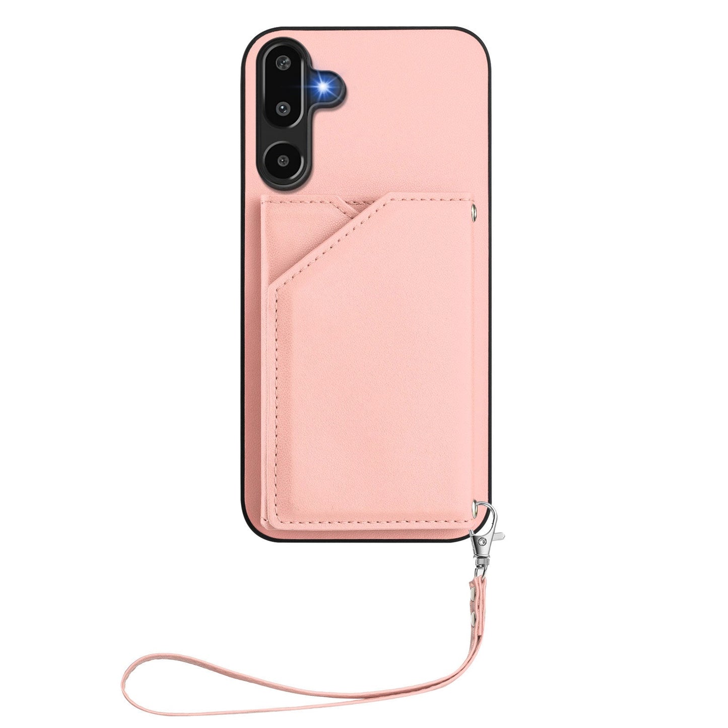 For Samsung Galaxy F16 5G / Galaxy M16 5G Case Card Holder Kickstand Skin-Touch Phone Cover with Wrist Strap - Pink