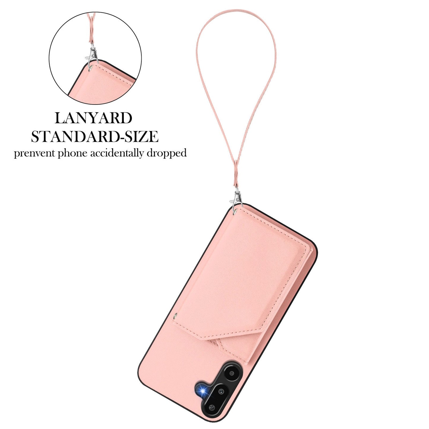 For Samsung Galaxy F16 5G / Galaxy M16 5G Case Card Holder Kickstand Skin-Touch Phone Cover with Wrist Strap - Pink