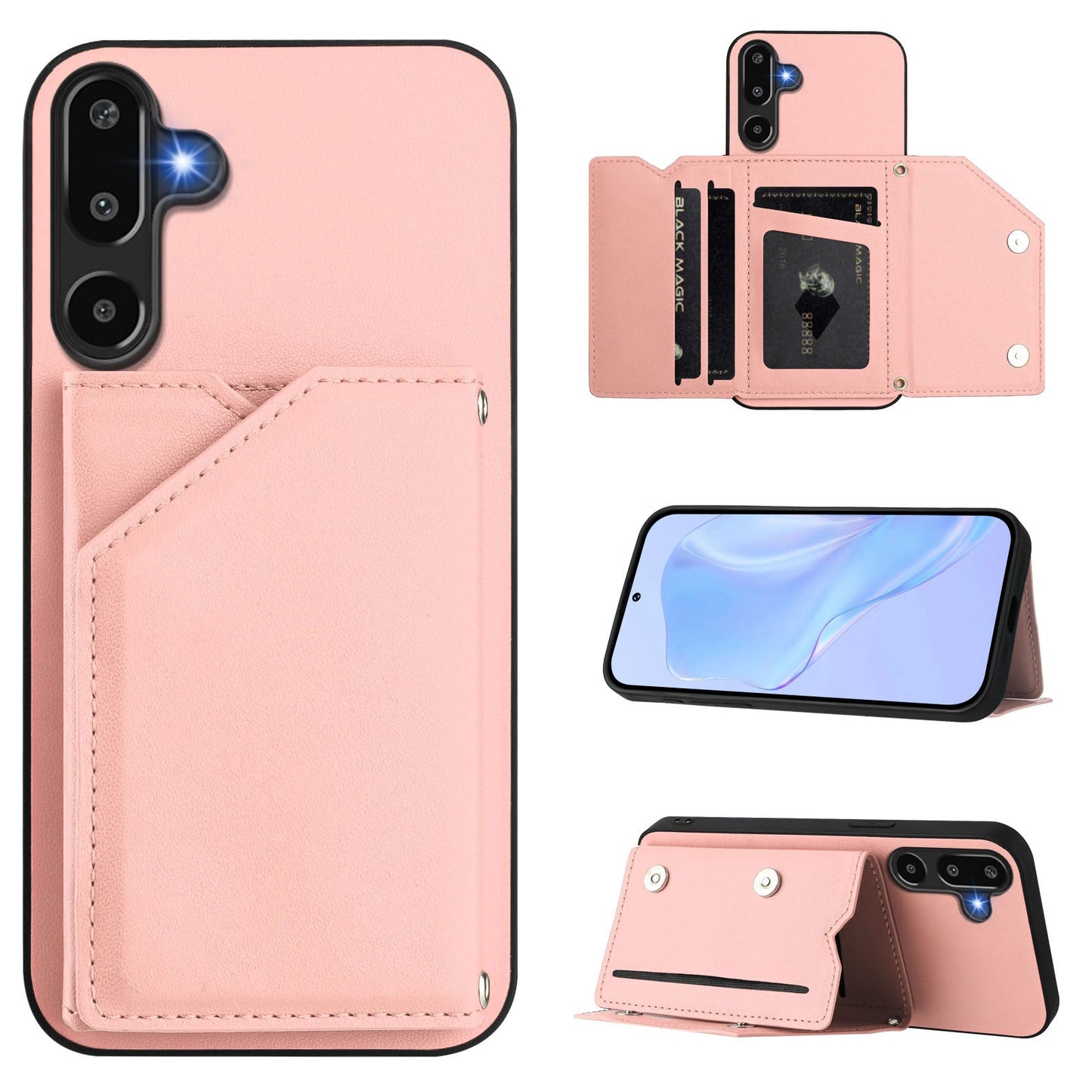 For Samsung Galaxy F16 5G / Galaxy M16 5G Case Card Holder Kickstand Skin-Touch Phone Cover with Wrist Strap - Pink