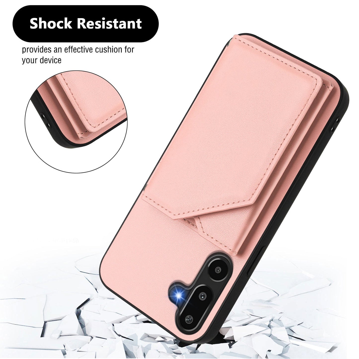 For Samsung Galaxy F16 5G / Galaxy M16 5G Case Card Holder Kickstand Skin-Touch Phone Cover with Wrist Strap - Pink