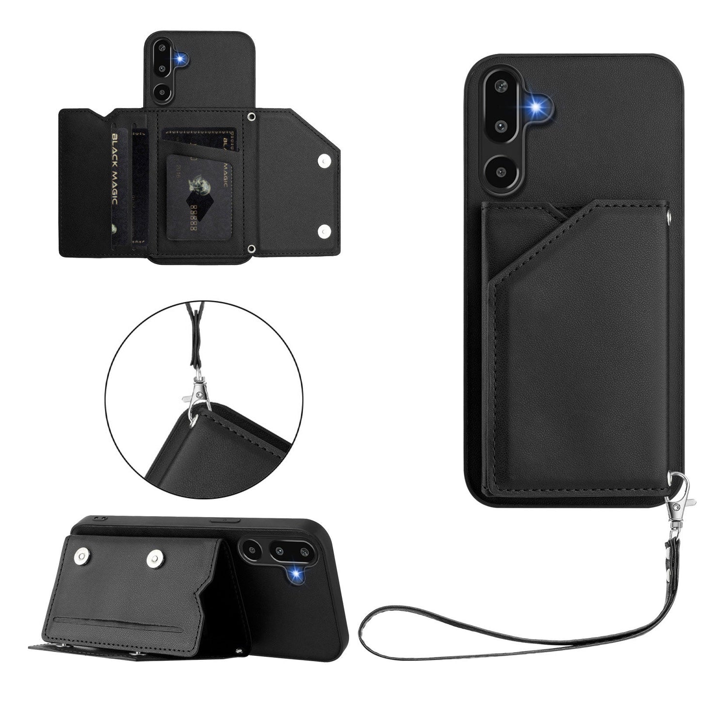 For Samsung Galaxy F16 5G / Galaxy M16 5G Case Card Holder Kickstand Skin-Touch Phone Cover with Wrist Strap - Black